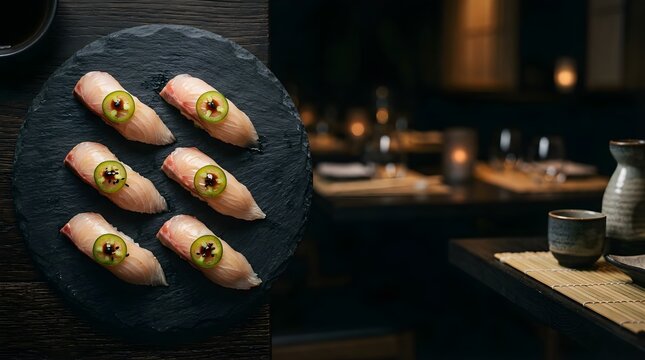 Fresh yellowtail sushi nigiri with jalape&ntilde;o served on slate plate