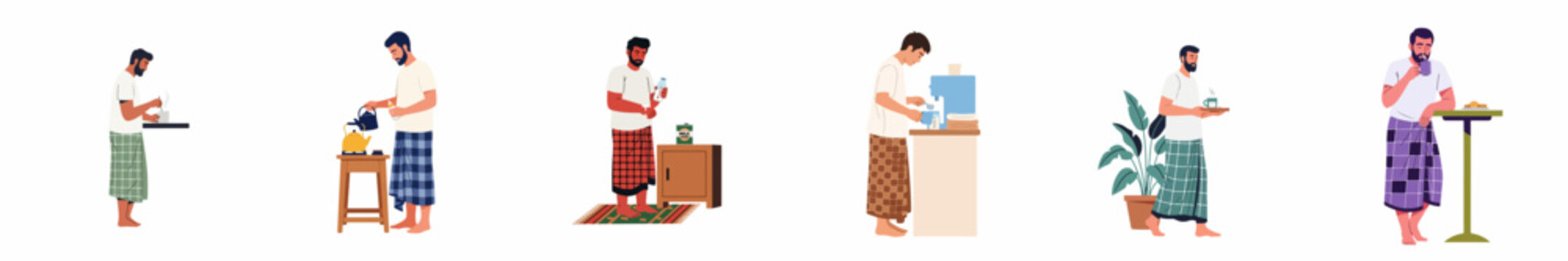 A set of illustrations showing South Asian men in traditional lungis preparing and enjoying their morning tea or coffee in various domestic settings.