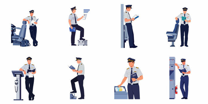 Set of airplane pilot character illustrations in various poses reading emergency checklists, manuals, and safety procedures on white background.