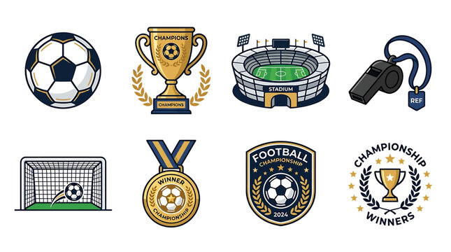 Football players compete in a stadium with a soccer ball and trophy