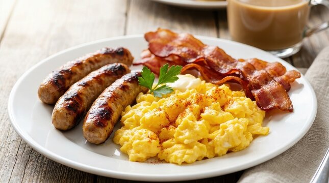 Plate of cooked breakfast with sausages bacon scrambled eggs and hash browns