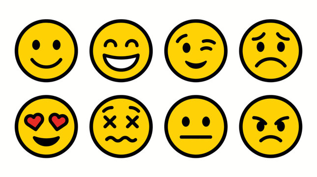 Eight expressive yellow emoji faces depicting happiness, love, wink, worry, surprise, neutral, and anger for versatile reactions in apps and social media