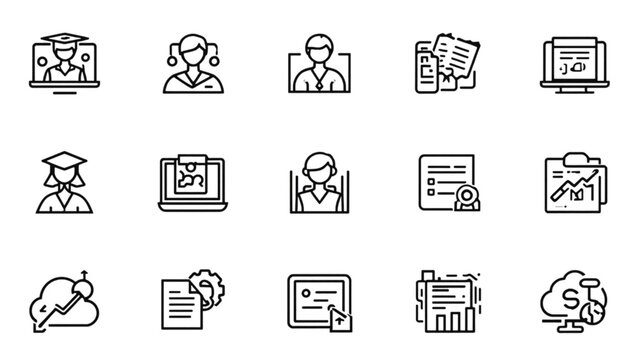 Online education and digital business management line icons set for distance learning university graduation corporate data analytics cloud strategy vectors