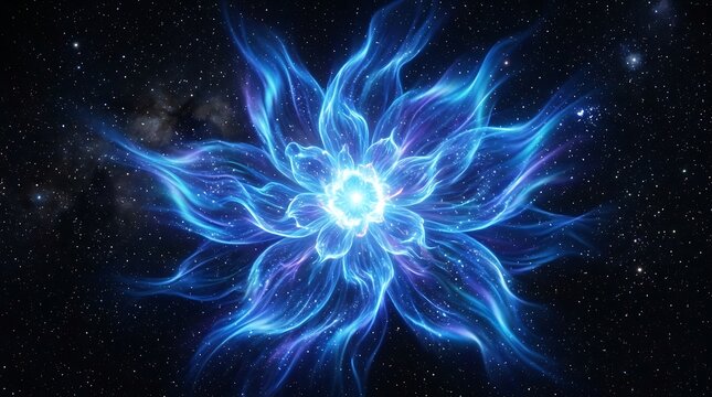 Radiant cosmic flower featuring glowing blue petals and ethereal light rays swirling in deep space against a dark backdrop filled with countless shimmering distant bright stars.