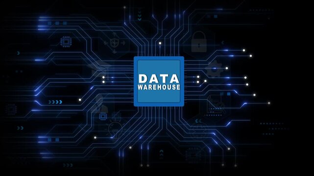 Data Warehouse Processor with Glowing Circuit Connections on Dark Blue Technology Background for Centralized Information Systems