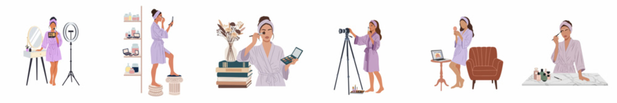 Flat vector illustration set of a beauty influencer woman creating makeup tutorial content, filming videos, and practicing daily self-care routines at home.