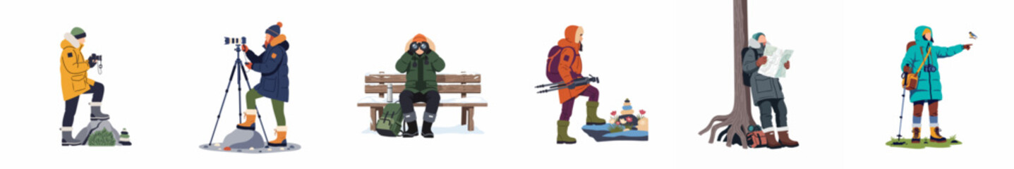Vector illustration set of people in winter gear enjoying outdoor activities like photography, birdwatching, and hiking in nature. © Maya