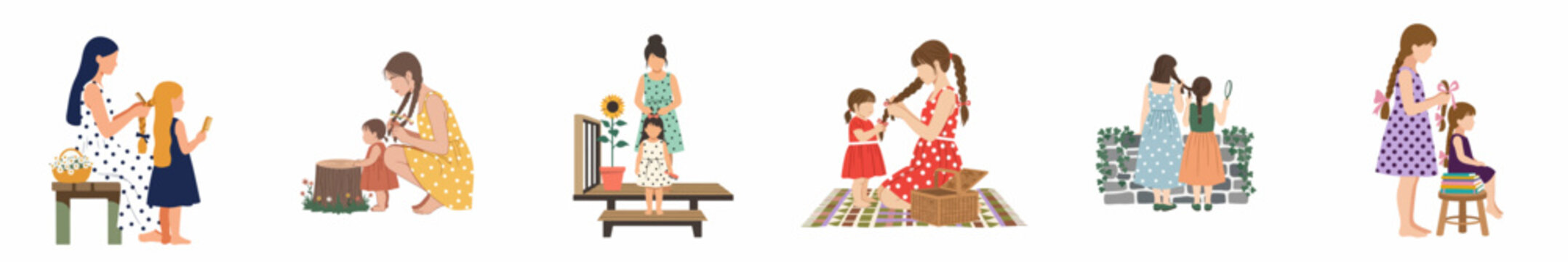 Vector illustration collection showing mothers and older sisters braiding young girls' hair in various outdoor settings, highlighting family bonding and care.