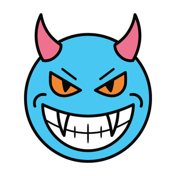 Blue Devil Face Emoji with Pink Horns and Scary Sharp Teeth on White Background