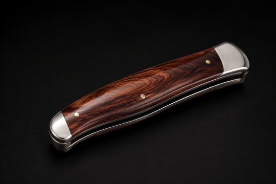 A folding knife with its blade retracted into a polished wooden handle.