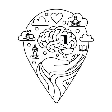 Minimalist line art illustration of human brain and mental health care