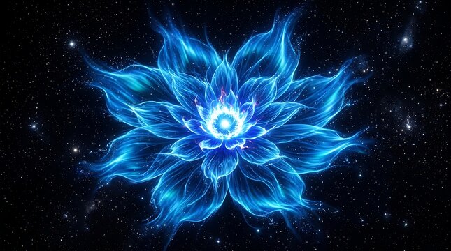 Radiant blue lotus flower composed of glowing electric plasma energy petals floating against a vast deep dark starry cosmic galaxy background with vibrant light particles swirling