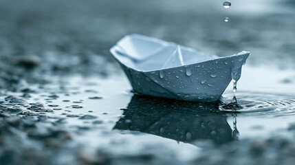 Fototapeta premium Tranquil Paper Boat on Rainy Water