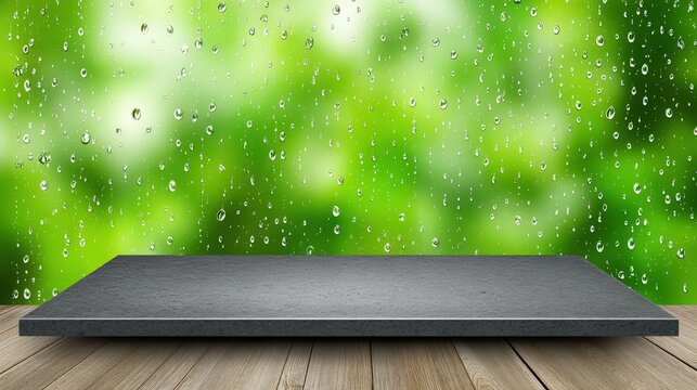 Empty stone product display platform with rainy window and blurred green background