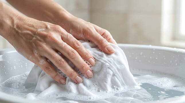 Person Hand Washing Delicate White Clothing in a Basin with Soapy Water for Effective Fabric Care and Stain Removal Routine