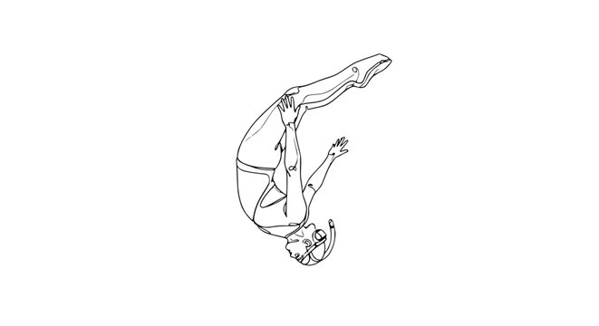 Diver performing flip, artistic line drawing, isolated on white background