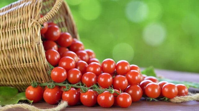 Red Tomato bouquet with leaves on the wooden table in blur background, Fresh Red Tomato in wooden basket on wooden Background.