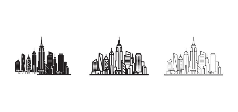 City skylines in black and white with various architectural styles and line art designs on a white background  urban landscapes