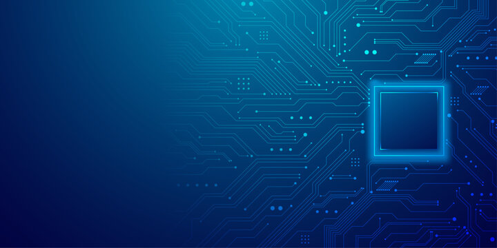 Abstract technology background with digital circuit board pattern and glowing central processor unit.
