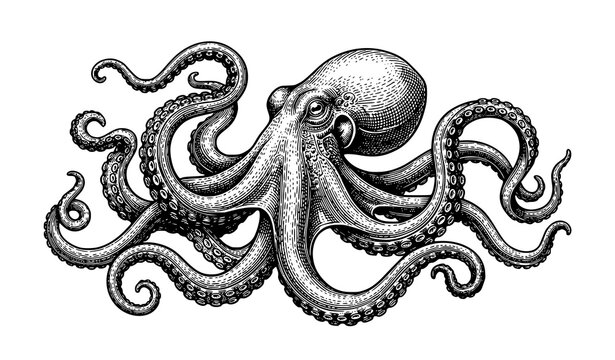 Vintage Sea Octopus Engraving with Nautical Marine Creature Vector EPS