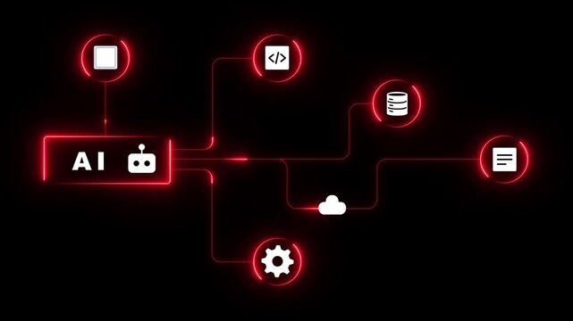 AI automation concept with red neon connection lines, cloud icons and intelligent network nodes on a dark background