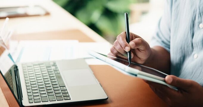Designer, hands and writing with tablet in home for web interaction, schedule or online planning. Male person, checklist and remote work with technology or laptop for UX, UI development or design
