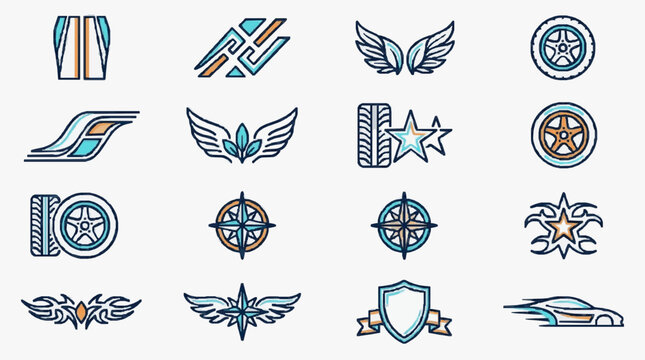 Sleek Minimalist Badges and Emblems Collection with Teal Orange and Black Color Scheme Featuring Wings Stars Wheels and Abstract Shapes