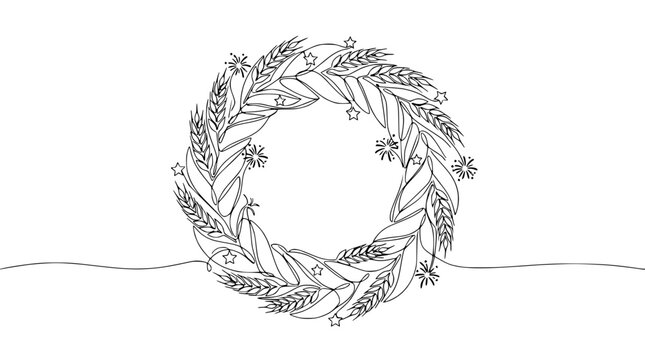 Minimalist Wheat Wreath Single Line Drawing with Stars