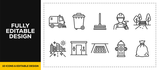 flat vector illustration line art icon bundle set design depicting street cleaning truck city garbage disposal hygiene road sweep municipal service graphic app ui © HASNA