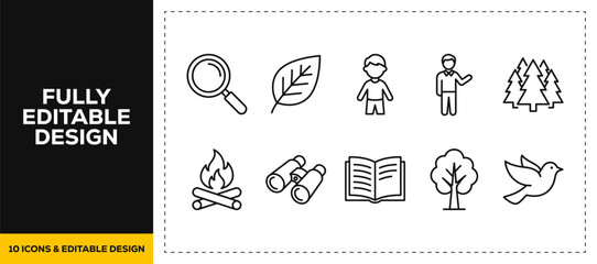 flat vector illustration line art icon bundle set design for camping outdoor nature hiking travel tent adventure forest vacation mountain recreation graphic app ui © HASNA