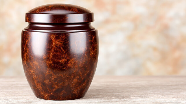 a polished, dark brown mottled urn sits on a wooden surface against a soft, out-of-focus background.