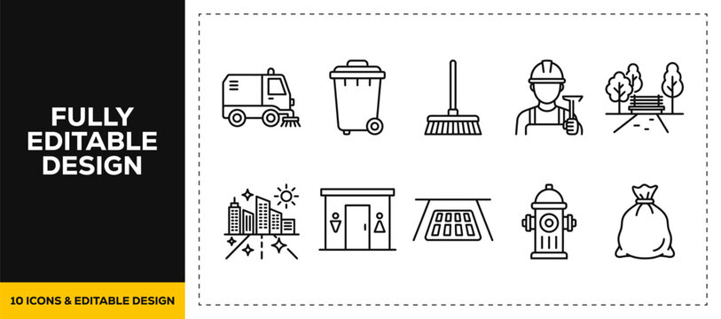 flat vector illustration line art icon bundle set design depicting street cleaning truck city garbage disposal hygiene road sweep municipal service graphic app ui