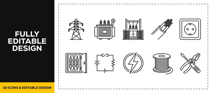 flat vector illustration line art icon bundle set design covering electrical components circuit switch wire tech hardware plug socket energy connection graphic app ui