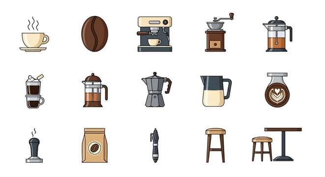 Coffee Shop and Brewing Equipment Icon Set