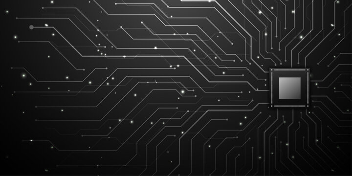 Abstract image of circuit board pattern with glowing dots and a central computer processor chip on dark background.
