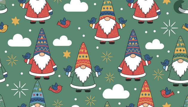 Whimsical seamless Christmas pattern with cute gnomes, little birds, soft clouds, and stars on a green background.