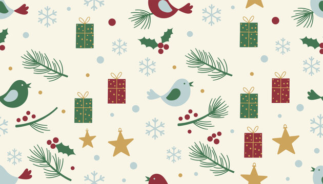 Festive winter holiday seamless pattern with colorful gift boxes, little birds, pine branches, and red berries on cream.