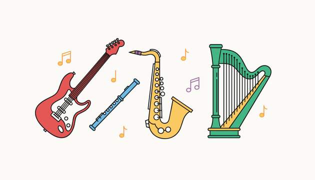 Colorful flat vector illustration of electric guitar, flute, saxophone, and harp with flying musical notes on beige.