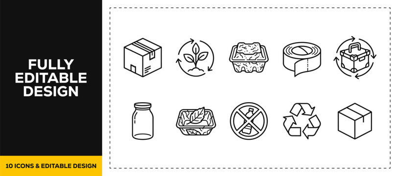 flat vector illustration line art icon bundle set design covering eco friendly packaging tag label leaf natural organic materials sustainability symbol graphic app ui