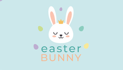 Fototapeta premium Cute easter card featuring a white bunny head with a golden crown and colorful eggs on a light blue background.