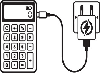 Fototapeta premium Minimalist Black and White Line Illustration of a Digital Calculator Charging from a Wall Power Outlet