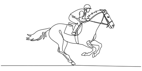 Fototapeta premium Continuous single line drawing of a jockey riding a fast running horse in a race