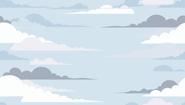 Calm sky seamless pattern in pastel blue shades with white, grey, and light purple clouds layered horizontally.