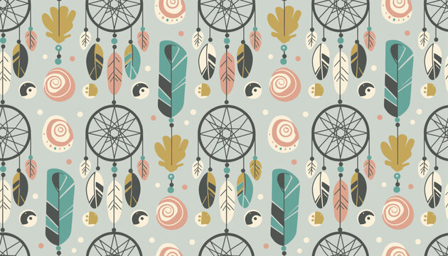 Native american bohemian seamless pattern with decorated dreamcatchers, colorful feathers, and abstract circles.