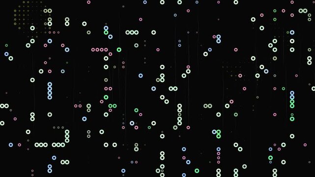 Digital Network Pattern: A black background is filled with a scattered, abstract pattern of small, circular and rectangular elements in various pastel colors like pink, green, blue, and white.