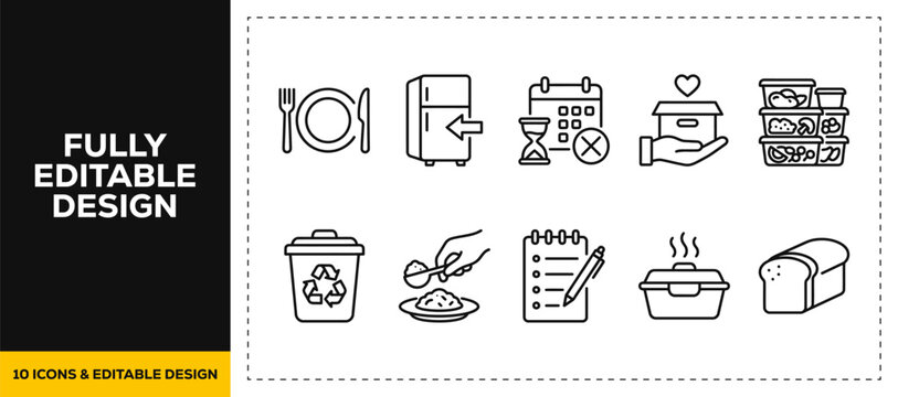 flat vector illustration line art icon bundle set design illustrating waste management bin trash garbage disposal ecology recycling clean environment sanitation app ui