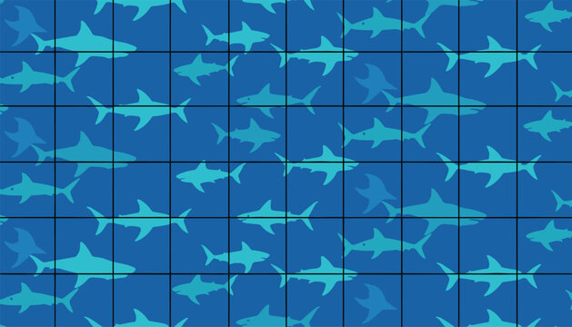 Seamless pattern featuring silhouettes of blue sharks swimming in grid tiles, creating a cool tiled look.