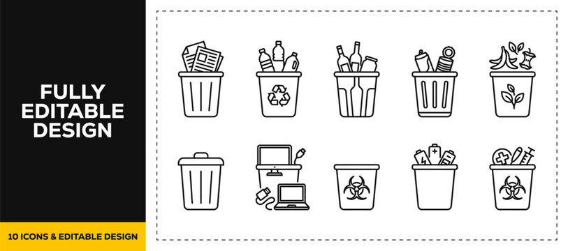 flat vector illustration line art icon bundle set design featuring trash bin containers garbage waste recycling ecology sanitation disposal sort dirty ecology app ui