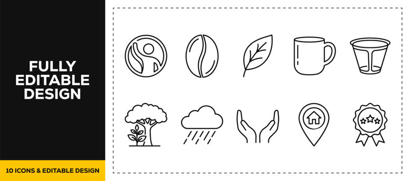 flat vector illustration line art icon bundle set design of coffee production bean cup agriculture drink cafe plant beverage nature morning roast harvest graphic ui