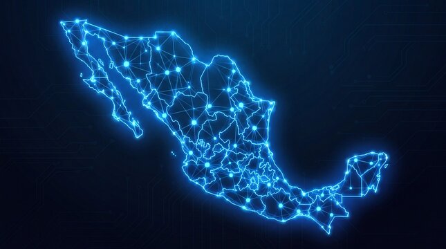 Digital Map of Mexico in Bright Blue Lights with Network Effect